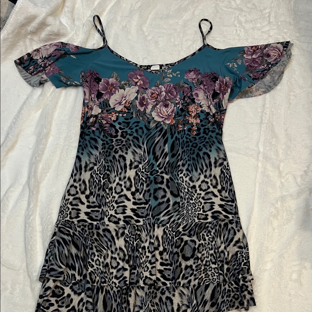 VENUS Teal and Purple Floral Leopard Mini Dress